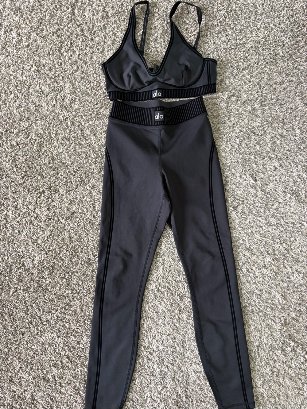 ALO Yoga Black High-Waist Leggings with Matching Black V-Neck Sports Bra